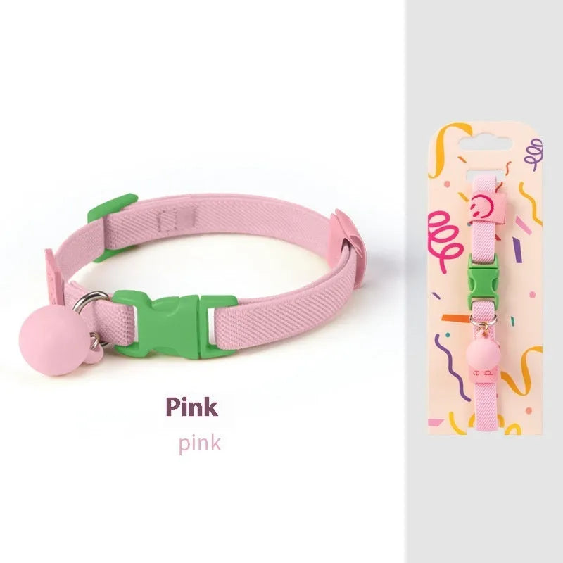 Small dog elastic polyester pet collar in seven colour options showing yellow, pink, and blue examples