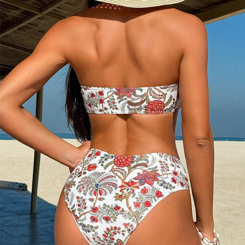 Women's printed bandeau swimsuit top with matching shorts laid flat