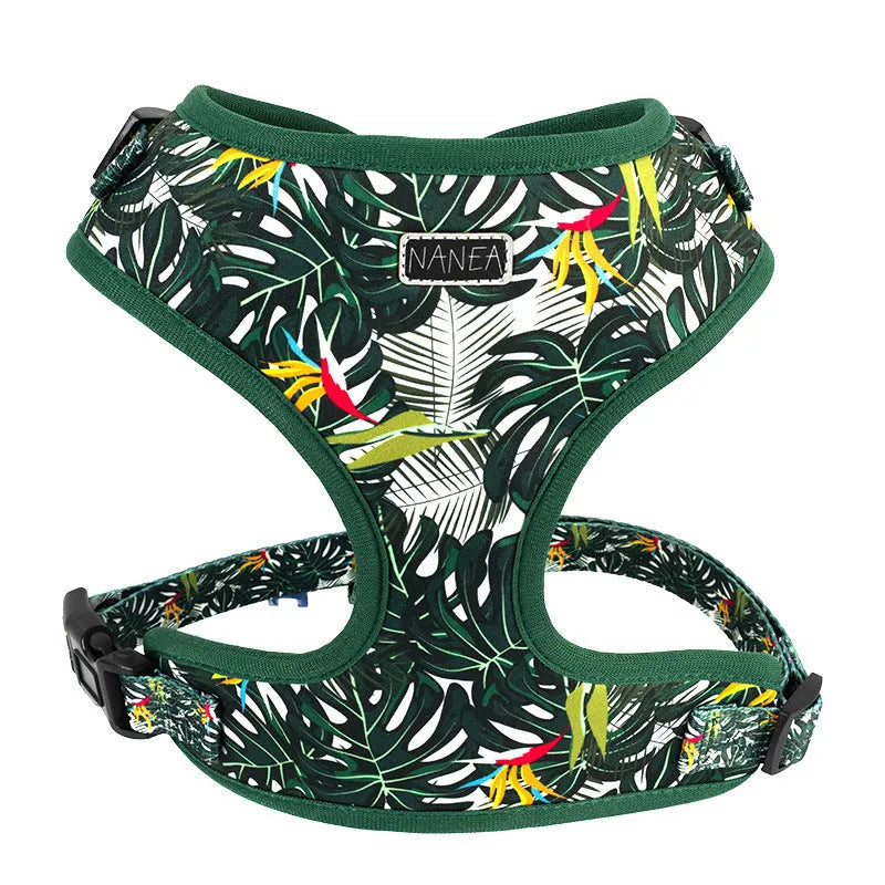 Six-piece adjustable cloth dog harness set with leash, collar, bow, towel, and clean-up bag in S, M, L sizes.