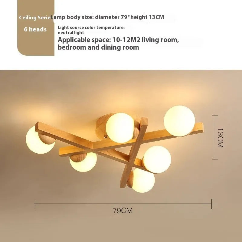 Nordic wooden style ceiling lamp with three adjustable light heads