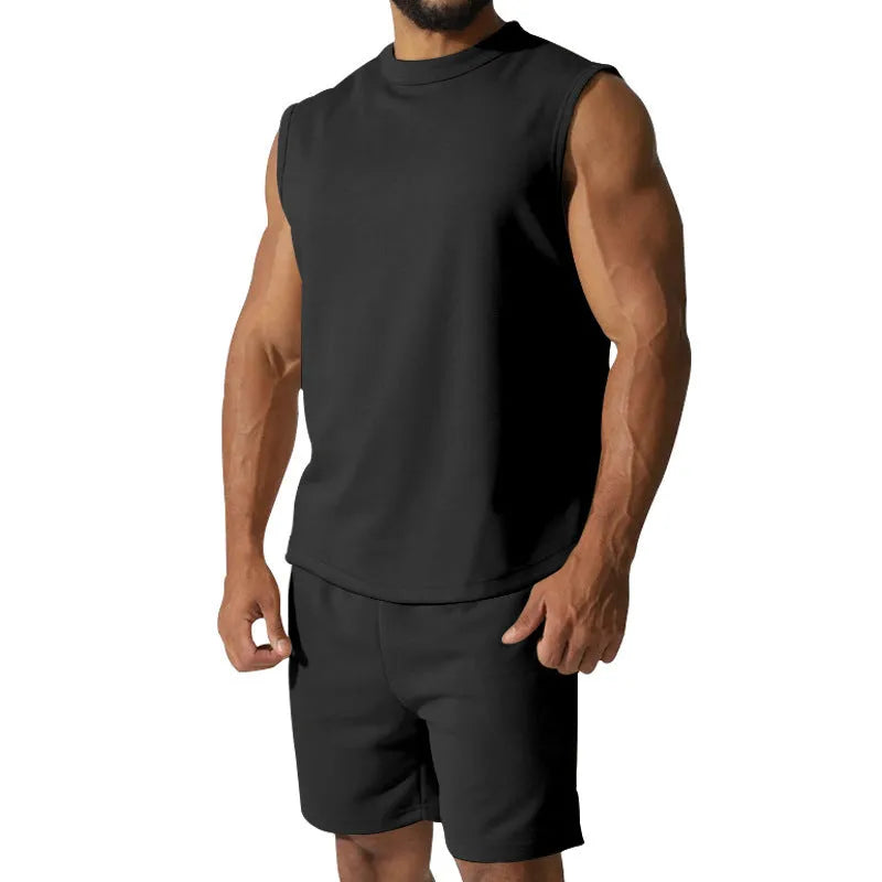 Men's solid colour sleeveless sports top and matching casual shorts set on a hanger