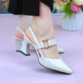 Women's apricot coloured closed toe sandals with a chunky block heel and pigskin leather upper.