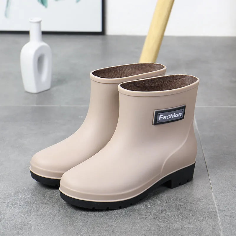 Women's PVC mid-calf rain boots in four colours, shown with optional warm linings.
