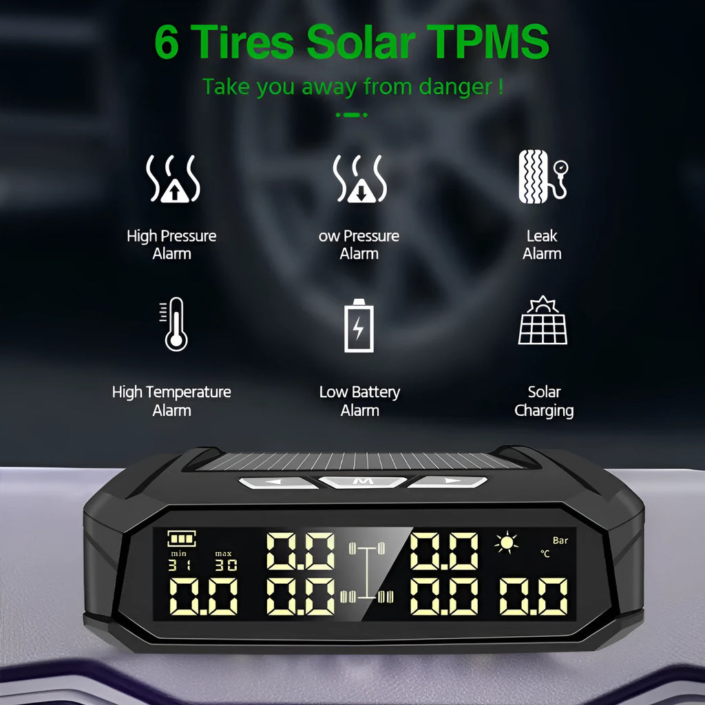 Solar external tyre pressure monitor system for six tyres with colour digital display for trucks and RVs