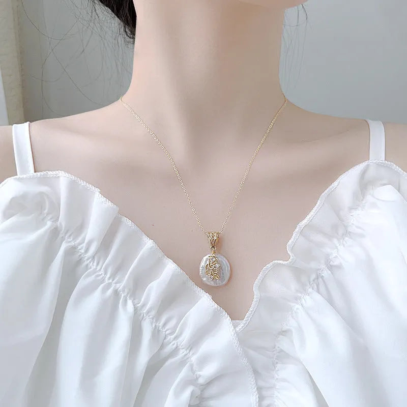 Copper plated real gold geometric Baroque pearl earrings with floral inlay for women