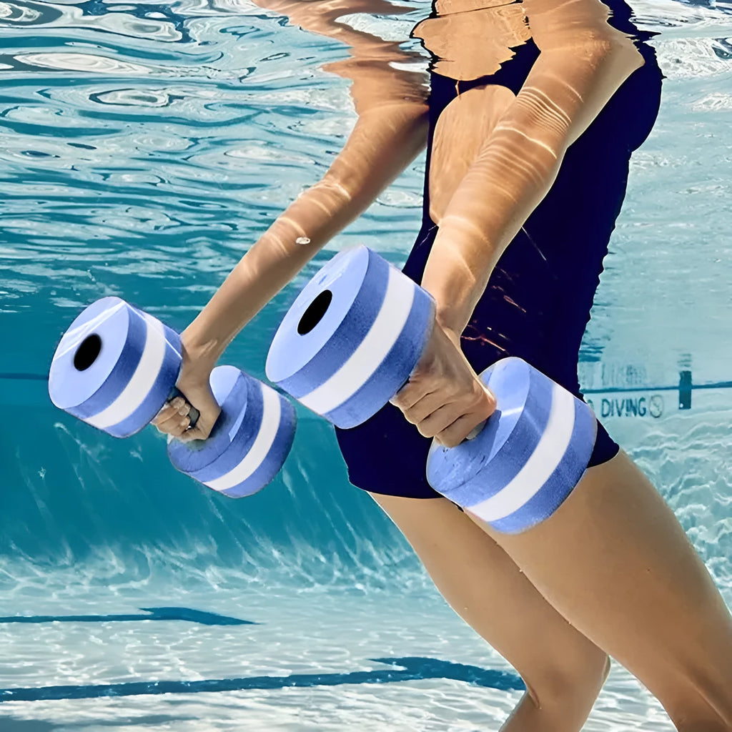 Pair of rose red EVA water aerobics dumbbells for pool fitness each 15cm