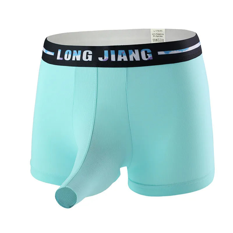 Men's ice silk trunk open boxer shorts in multiple solid colours showing mid waist fit.