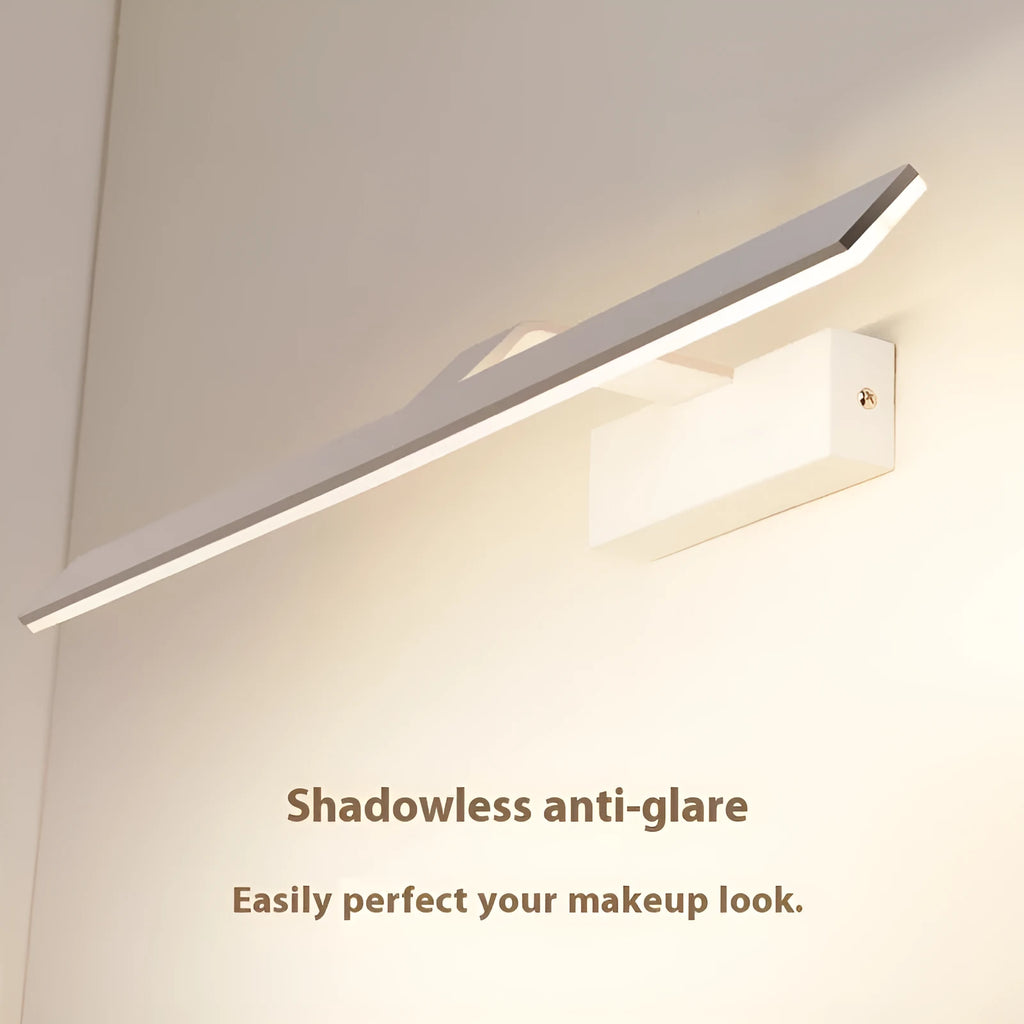 White rectangular LED mirror headlight with dimmable three-colour lighting for bathroom and makeup use