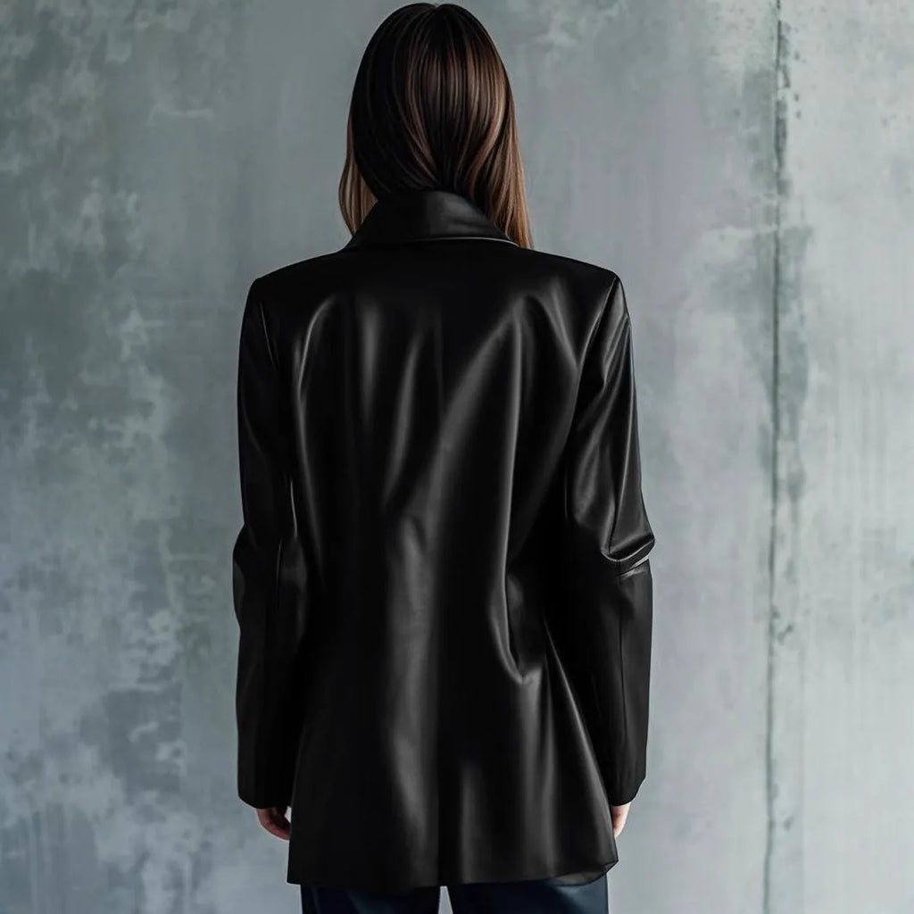 Black polyester leather jacket for women, medium length 65cm with long sleeves.