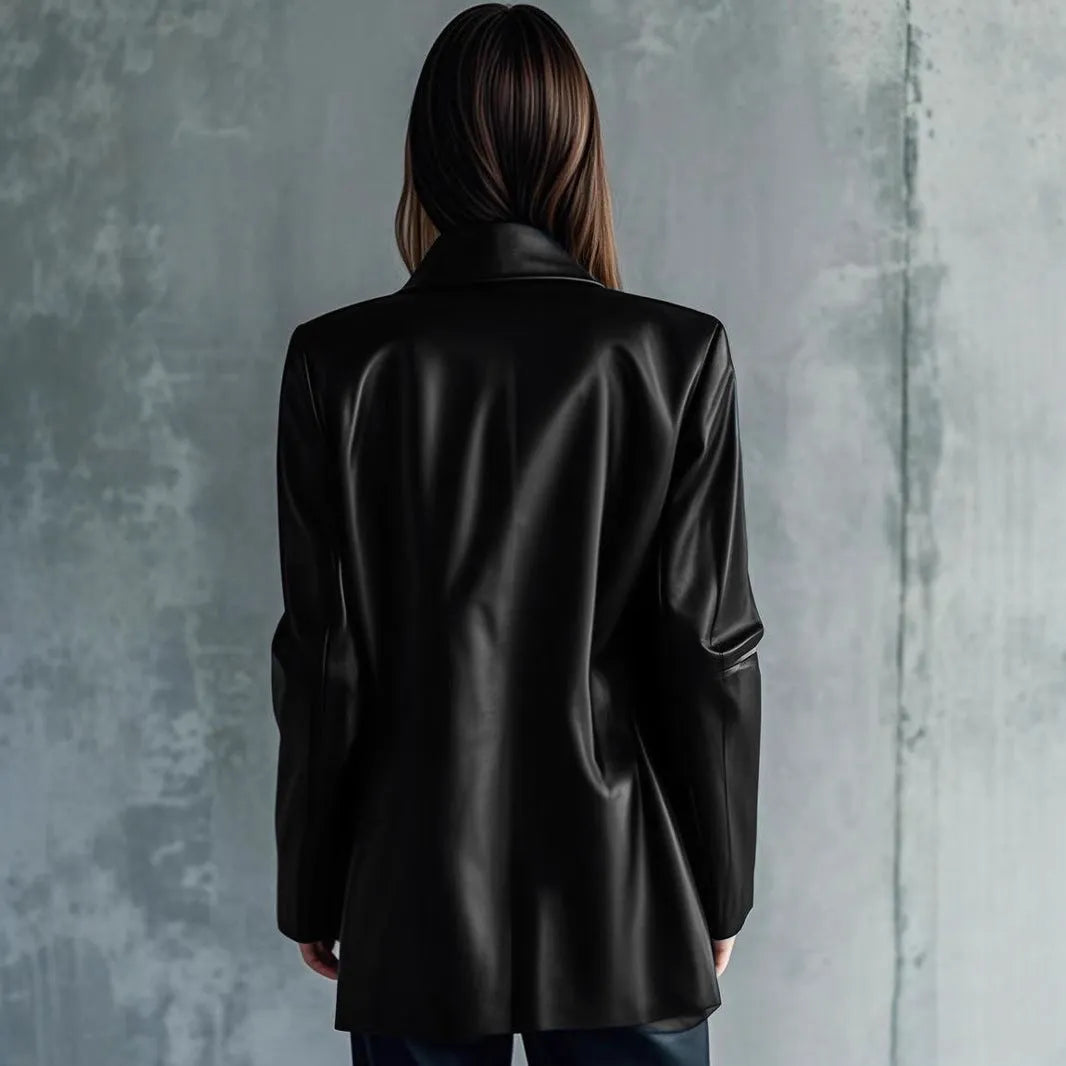 Black polyester leather jacket for women, medium length 65cm with long sleeves.