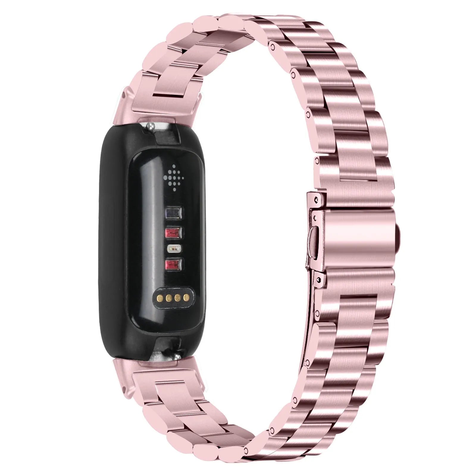 Stainless steel three-bead watch strap for Fitbit Inspire 3 fitness tracker showing adjustable clasp and bead detail