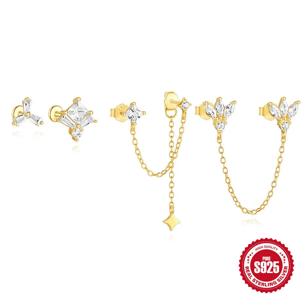 S925 sterling silver geometric earrings with inlaid zircon stones in golden colour variations
