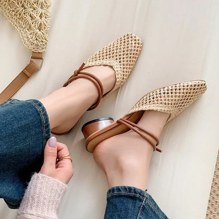 Women's square toe slippers with chunky heel and breathable design in artificial pu material