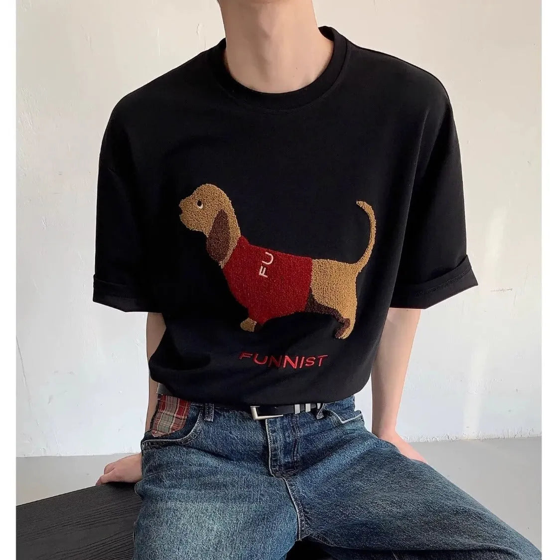 Men's grey cotton T-shirt with embroidered sausage dog design on front, round neck and short sleeves
