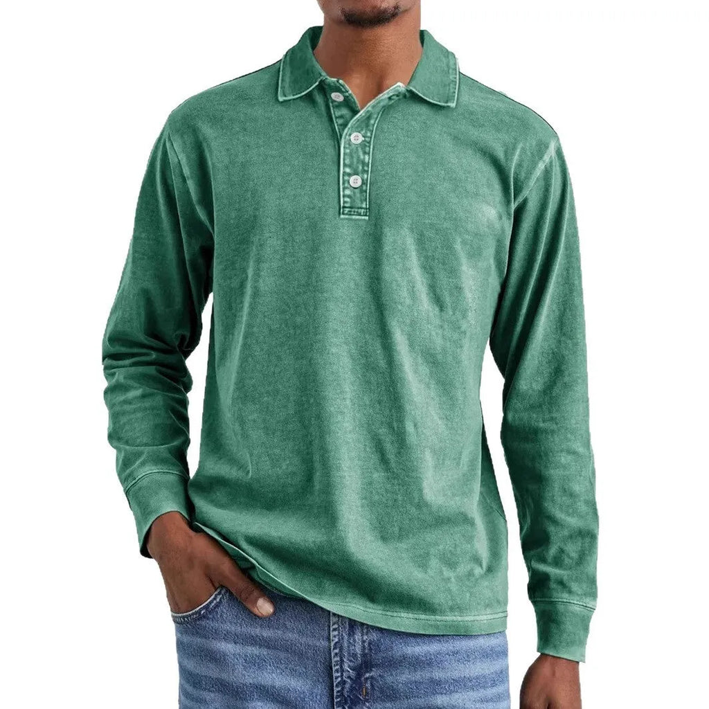 Man wearing a retro washed distressed cotton lapel long sleeve polo shirt in army green.