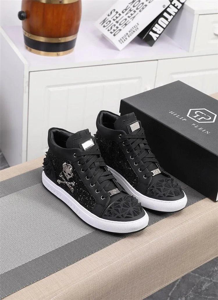 Men's black leather high top skeleton shoes with lace-up closure and rubber sole