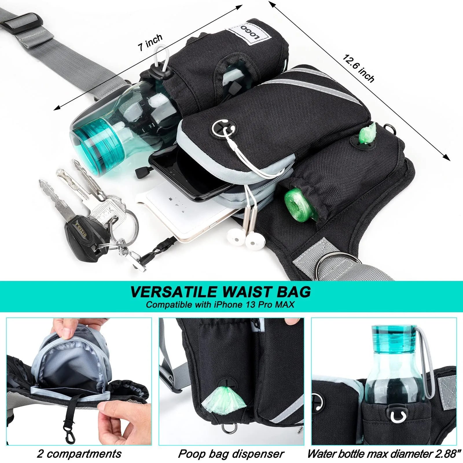 Black nylon outdoor dog walking set showing a waist bag and a hand-holding leash with collar attachment.