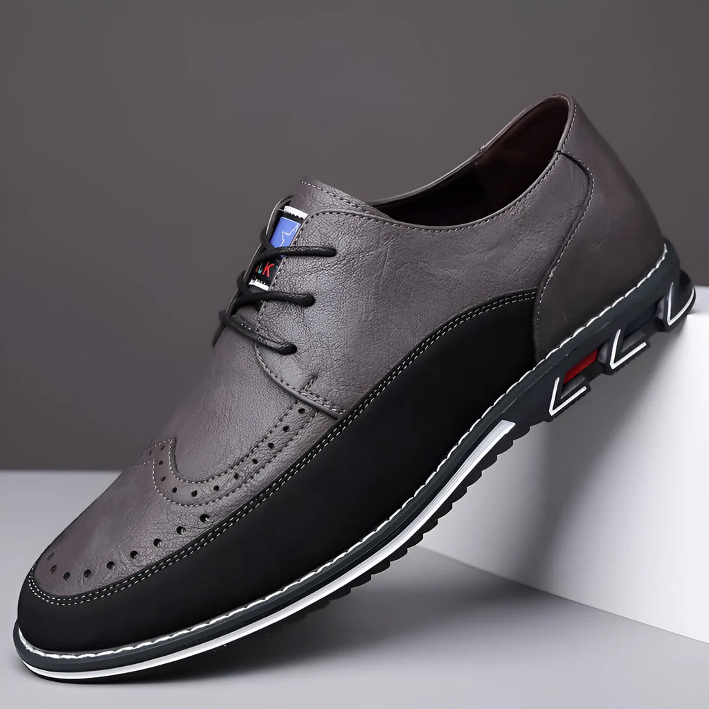 Men's black leather casual shoes with rubber sole and stitching detail