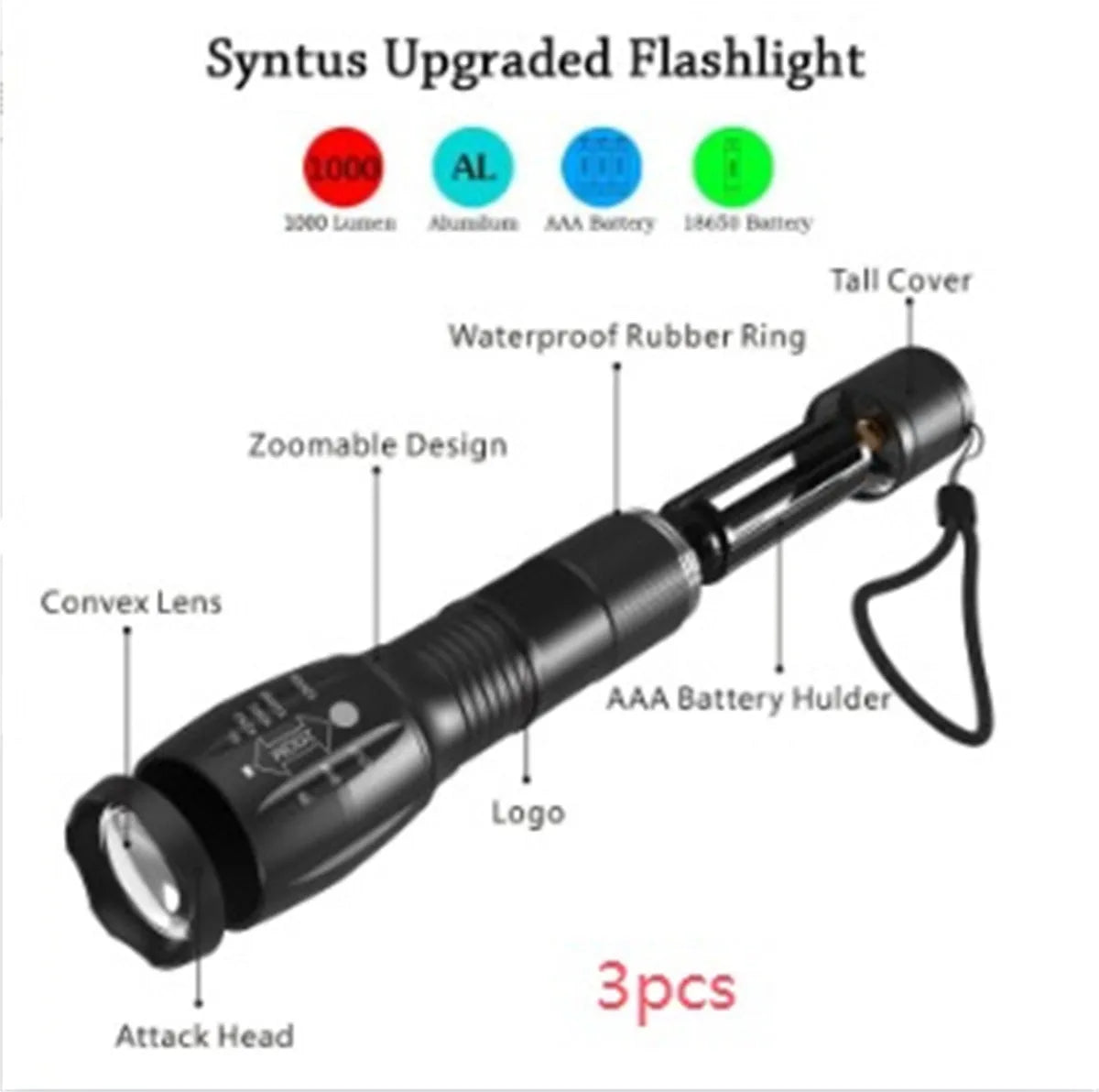 Black aluminium alloy zoomable LED flashlight with adjustable focus head for outdoor use.