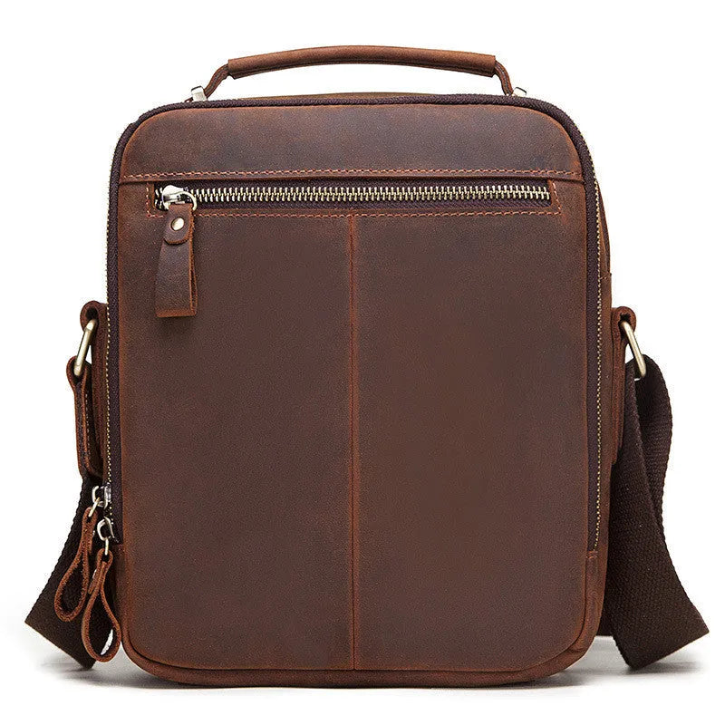 Men's brown genuine leather crossbody bag with retro style and visible stitching
