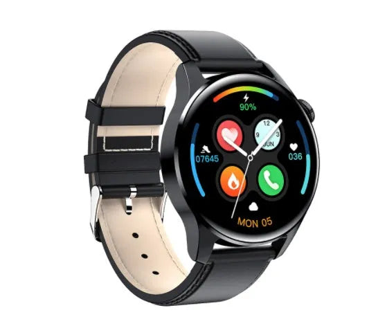 Round screen smartwatch with silicone strap showing heart rate and call functions on display.