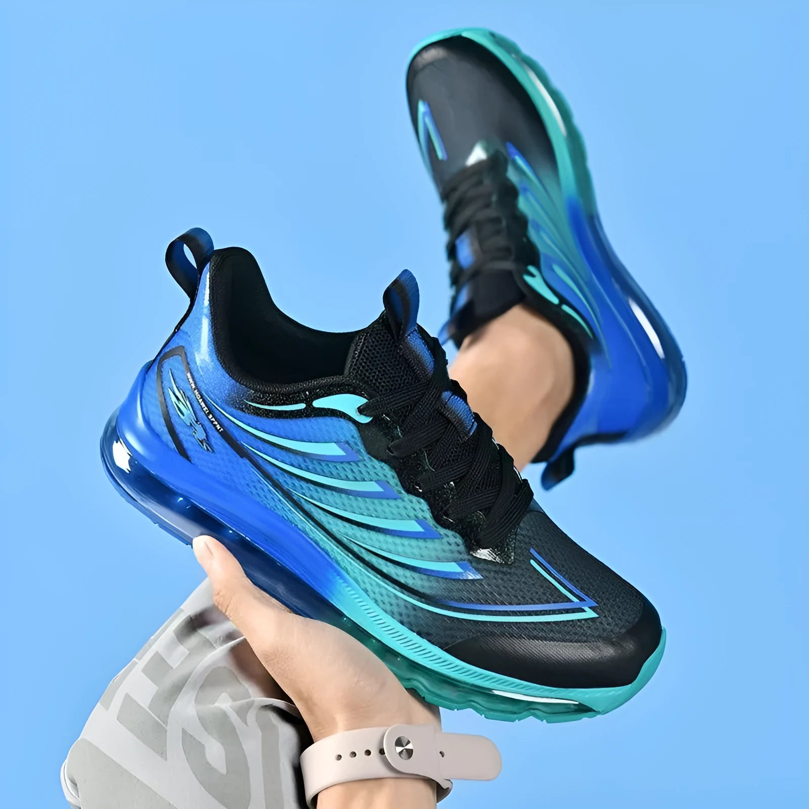Men's white smoky blue fabric sneakers with round toe and mid heel for plus size feet