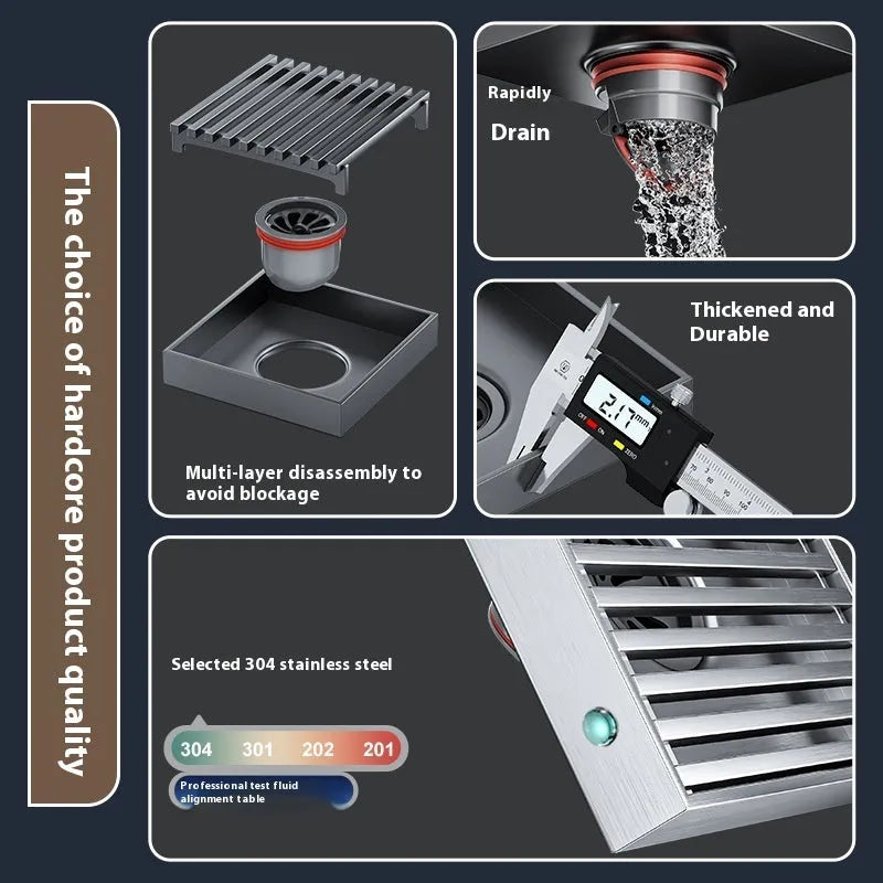 Gun grey 304 stainless steel courtyard floor drain grate measuring 15cm by 15cm.