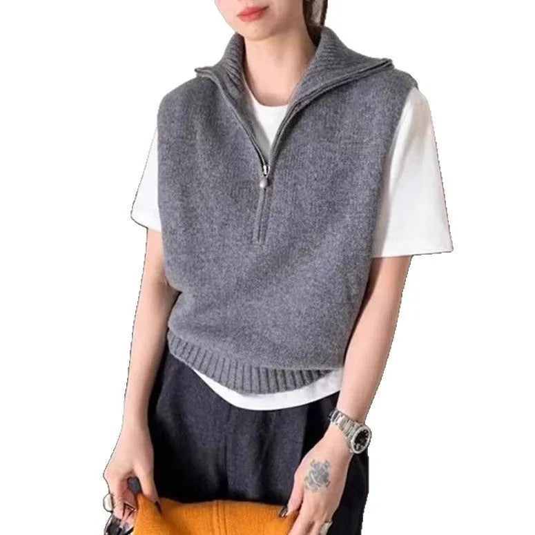 Retro half zipper sleeveless mesh vest in solid colour with 3D pattern detail