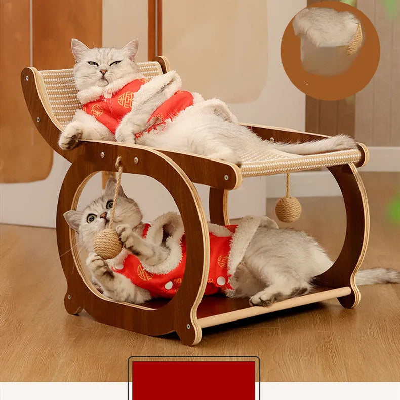 Solid wood cat scratching mat with sisal surface and integrated cat bed in walnut colour