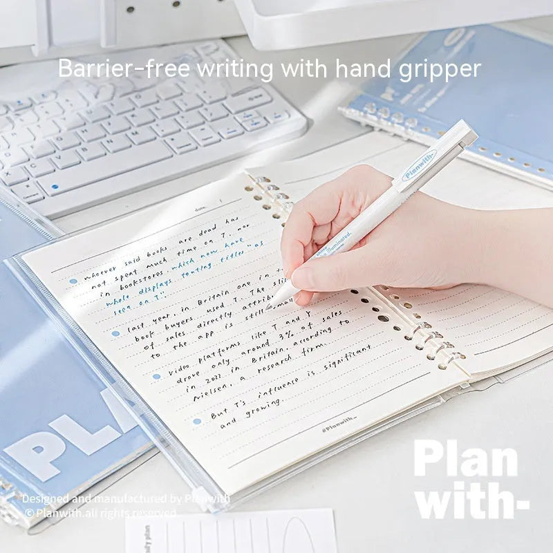A5 PVC can store spiral notebook in blue or white with clear front showing loose pages