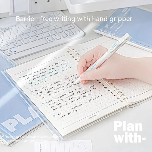 A5 PVC can store spiral notebook in blue or white with clear front showing loose pages
