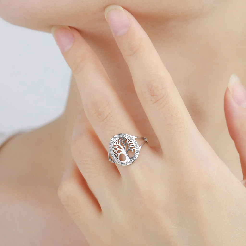 Hollow tree open ring stainless steel gold colour adjustable fit
