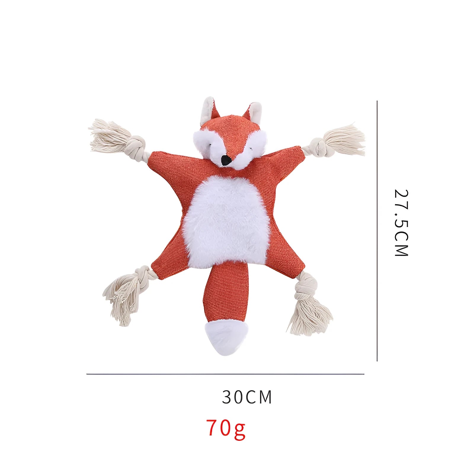 Brown plush fox dog toy with embroidered eyes, cotton rope arms and legs, and a squeaker.