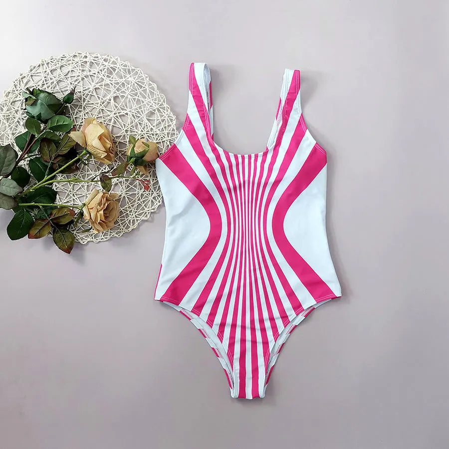 Pink striped women's one-piece swimsuit with digital printing on front and rear sections