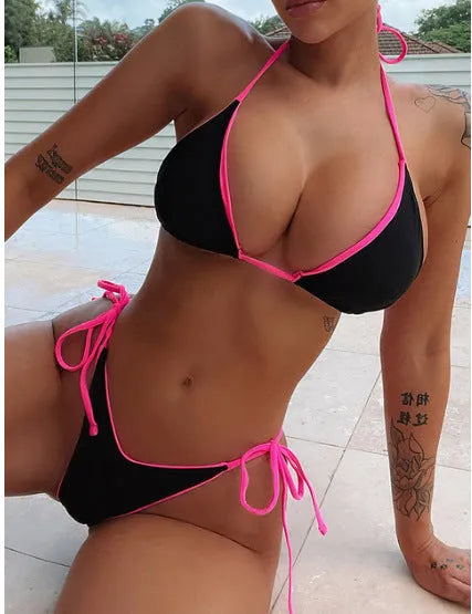 Women's lace-up triangle split bikini set in polyester fabric showing adjustable design