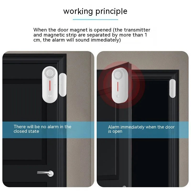 White WiFi door magnetic sensor alarm unit with separate magnetic contact for home security