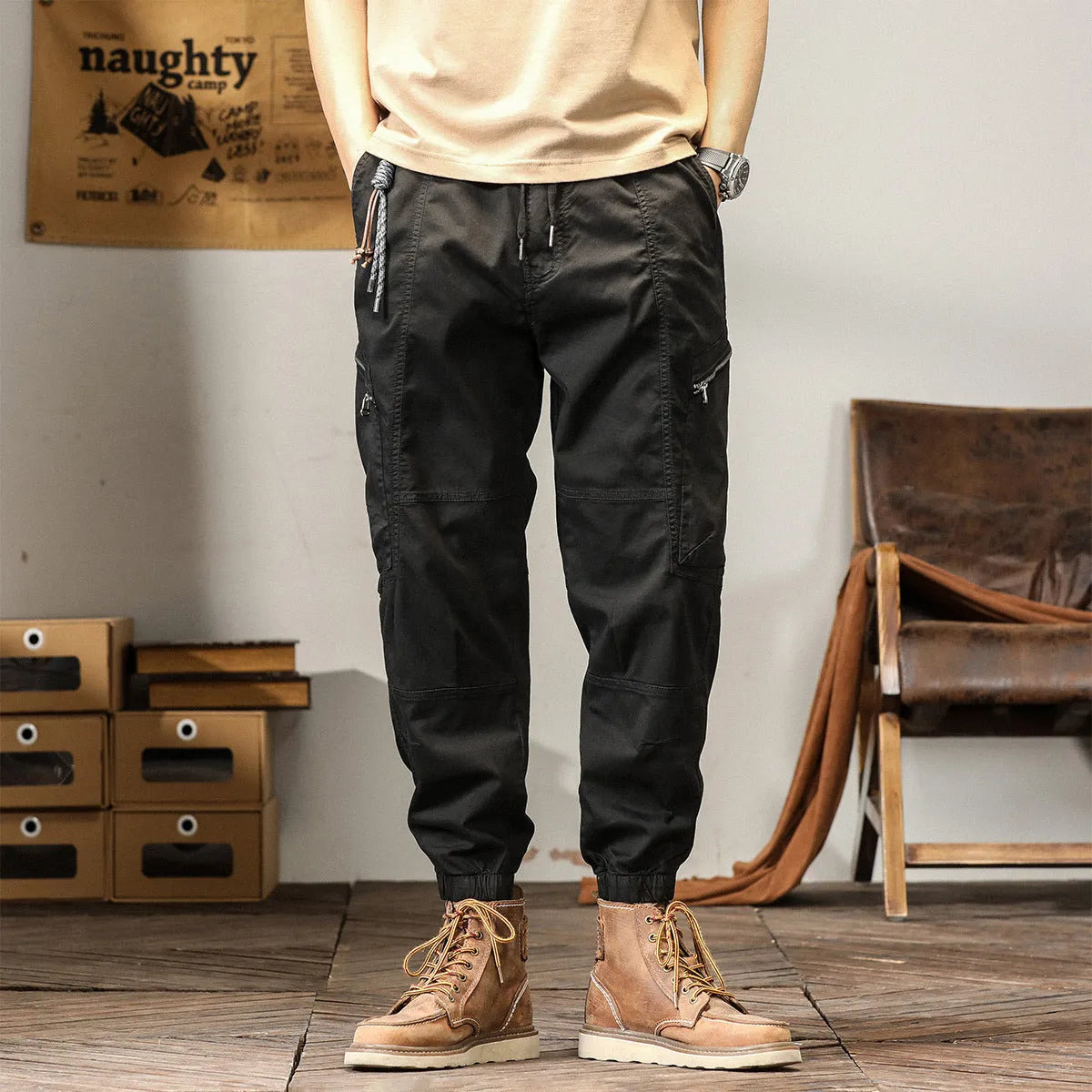Men's cotton retro harem pants in tapered fit with ankle banding and zip fly