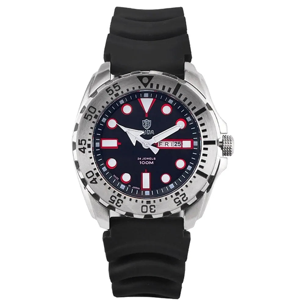Men's waterproof luminous quartz watch with blue case and steel strap showing sporty 15mm design
