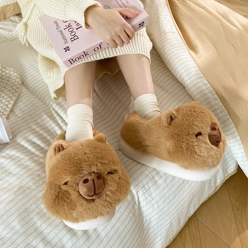 Light brown women's winter slippers with cartoon pattern, plush cotton upper and round toe design