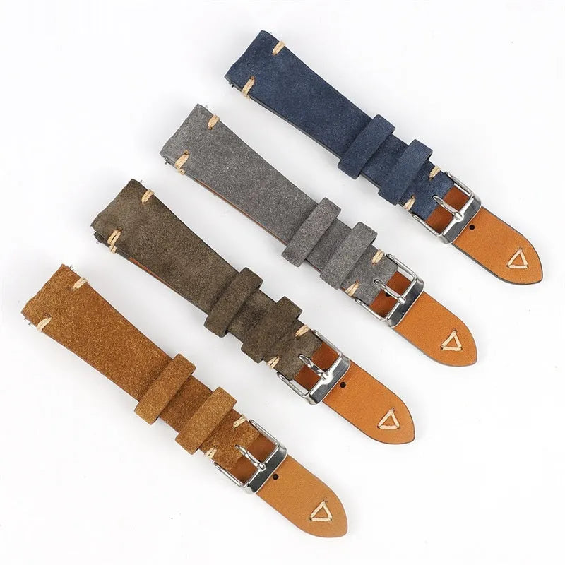 Genuine suede leather watch strap in ethnic style, showing colour options for 20mm and 22mm sizes.