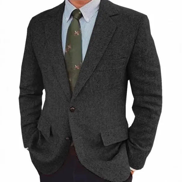 Men's brown herringbone business casual suit jacket with retro styling and long sleeves