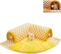 XL soft brown plaid cat tunnel bed with central mat and non-slip bottom on a wooden floor.
