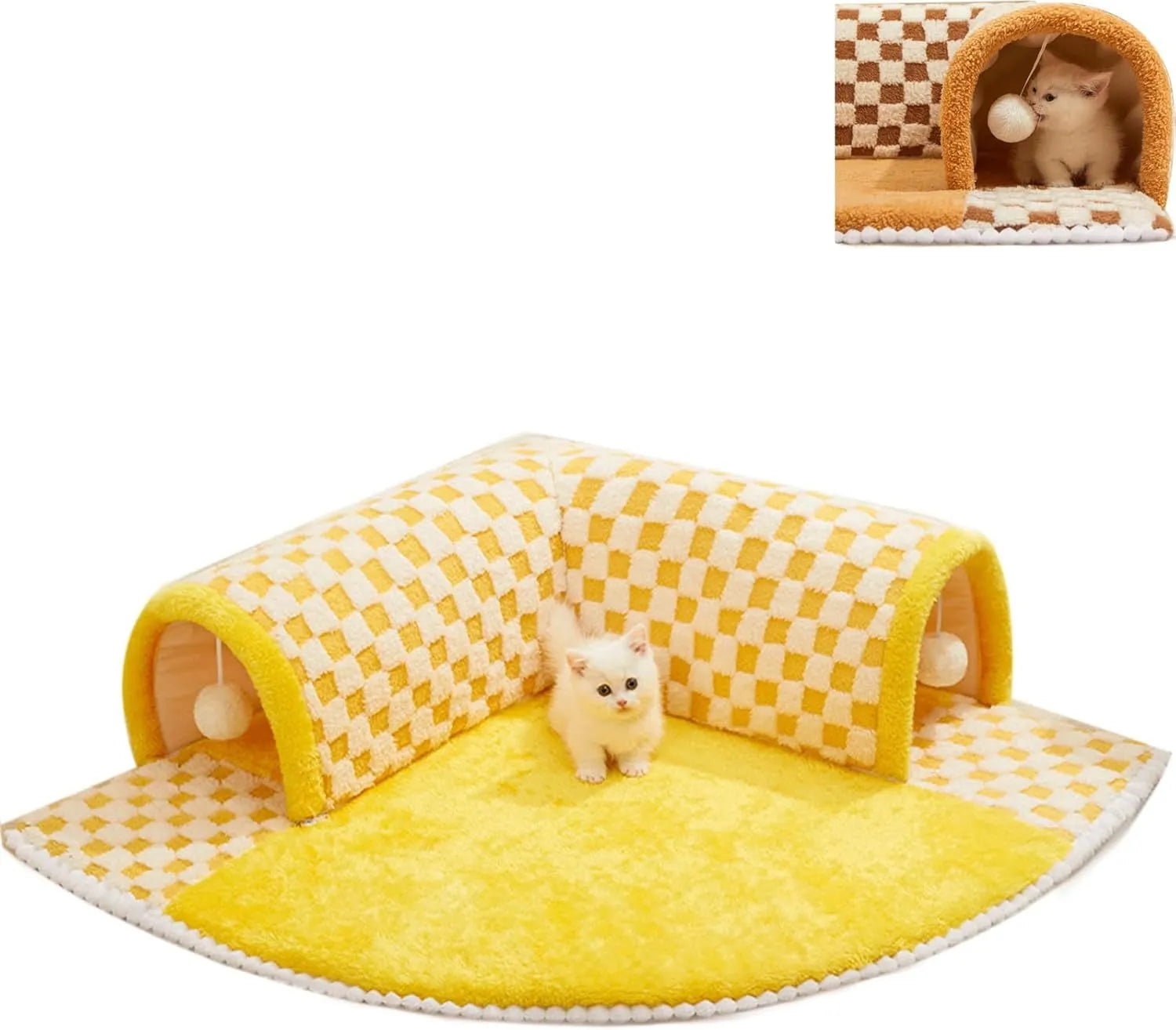 XL soft brown plaid cat tunnel bed with central mat and non-slip bottom on a wooden floor.