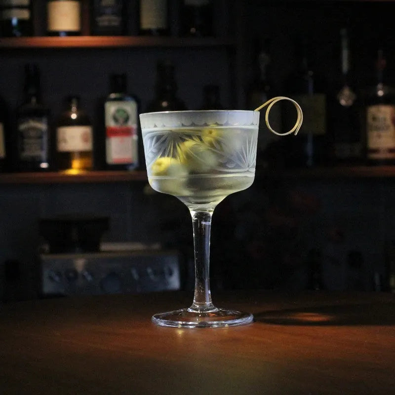 Crystal hand carved martini cup with dragon motif in Japanese retro style