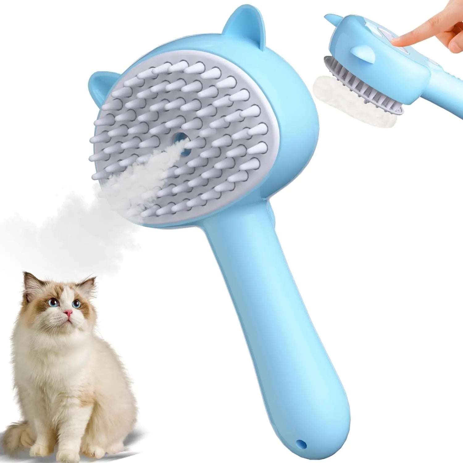Blue 4-in-1 cat steam brush with ergonomic handle and soft rubber bristles for pet grooming