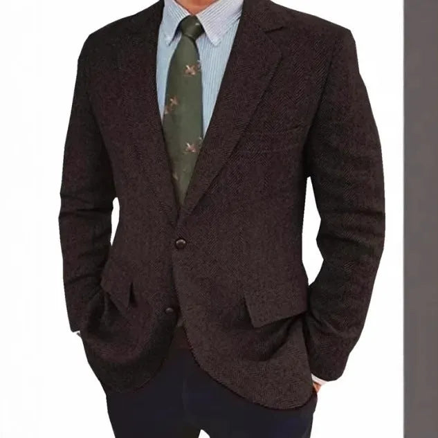 Men's brown herringbone business casual suit jacket with retro styling and long sleeves