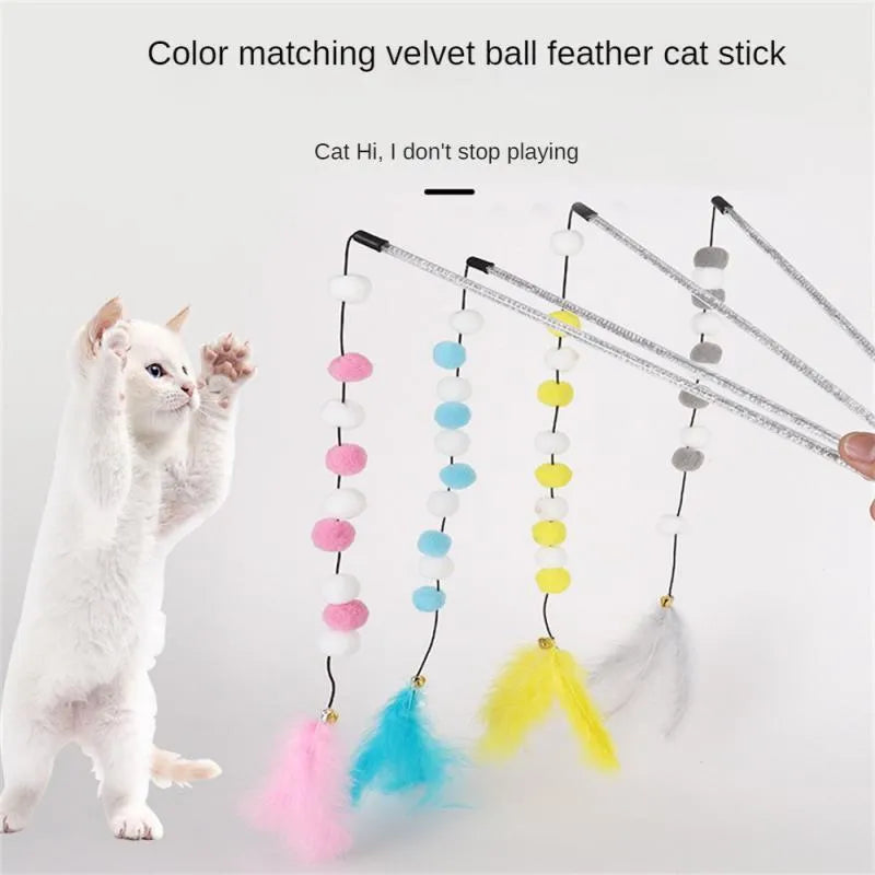 31 cm long cat teaser toy rod with bell and pompon feather attachments in blue colour