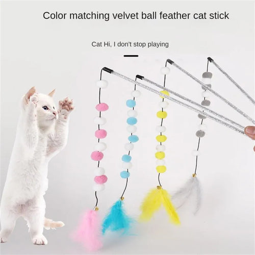 31 cm long cat teaser toy rod with bell and pompon feather attachments in blue colour