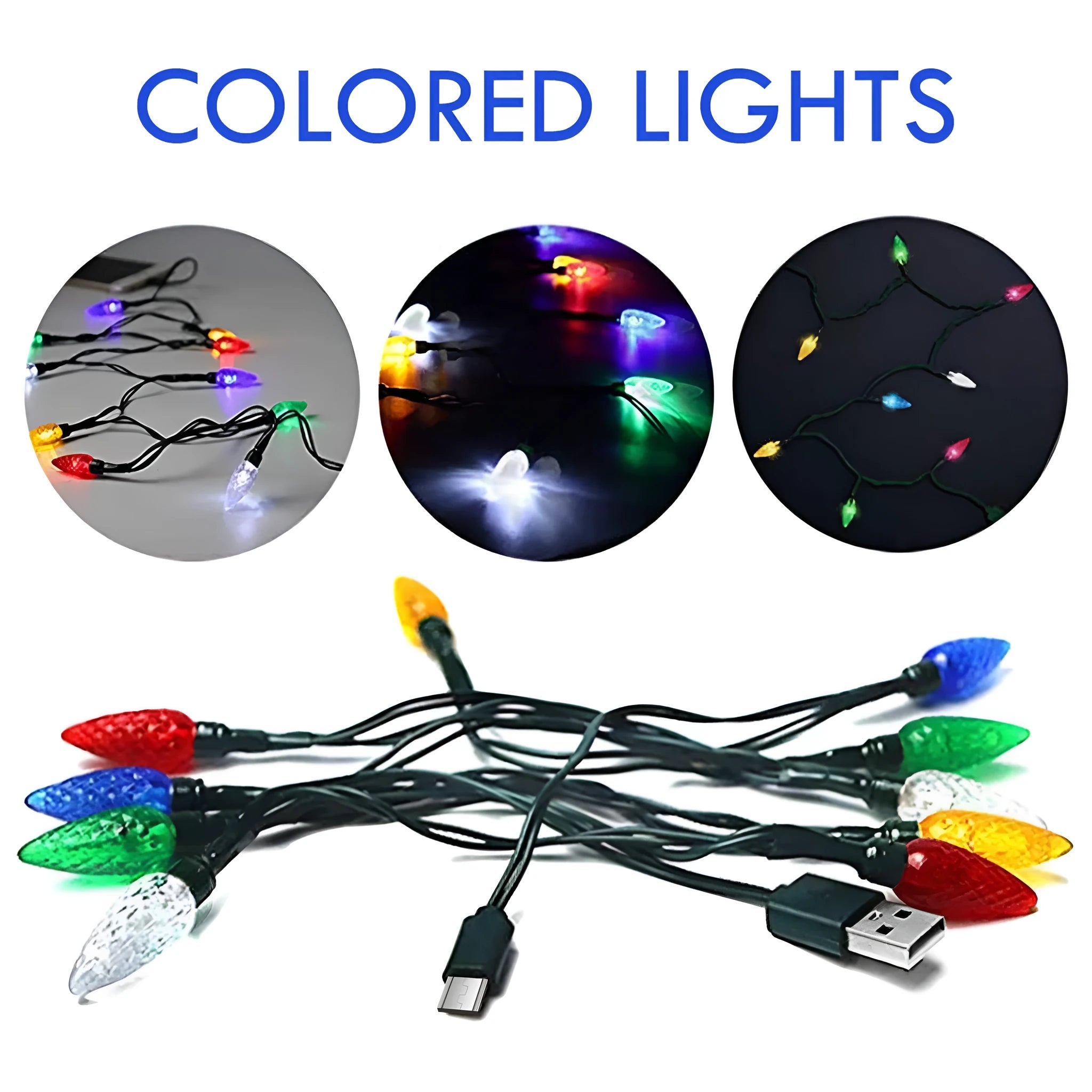 Green USB charging cable with 10 colourful LED lights flashing along its length