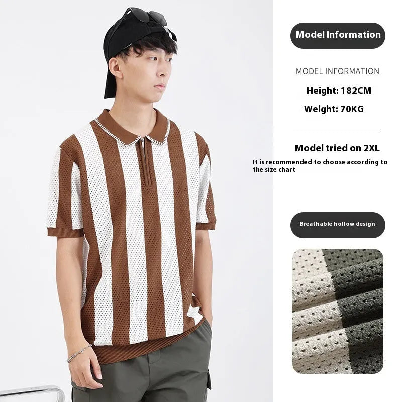 Men's black and white striped short sleeve summer sweater with zip detail on front.
